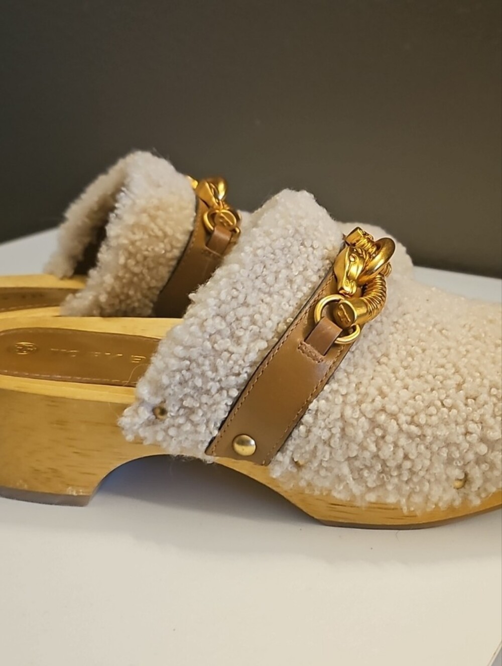 Tory Burch Cream Shearling Clogs with Tan Leather & Gold Chain Accent